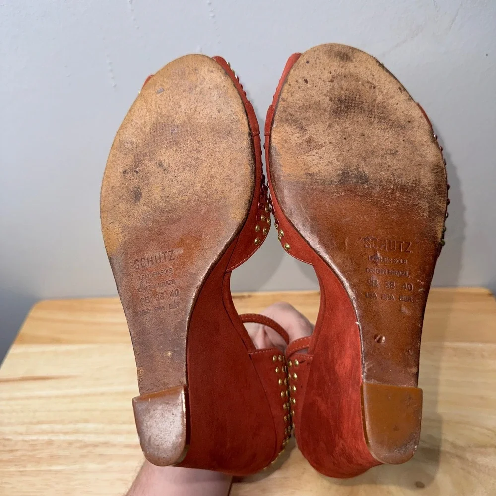 Schutz Burnt Orange Suede Studded Wedge Sandals Peep Toe Ankle Strap Size 9B